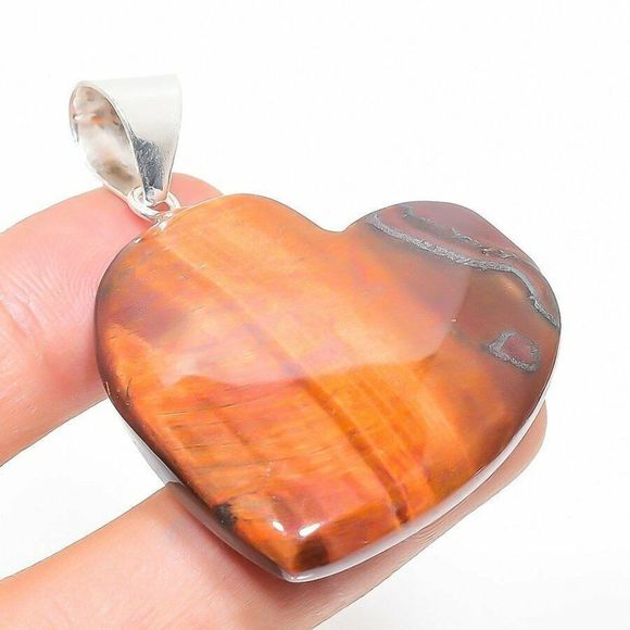 Jewelry - Polished Iron Tiger Eye Heart Gemstone 925 Silver Jewelry Pendant 1.81"